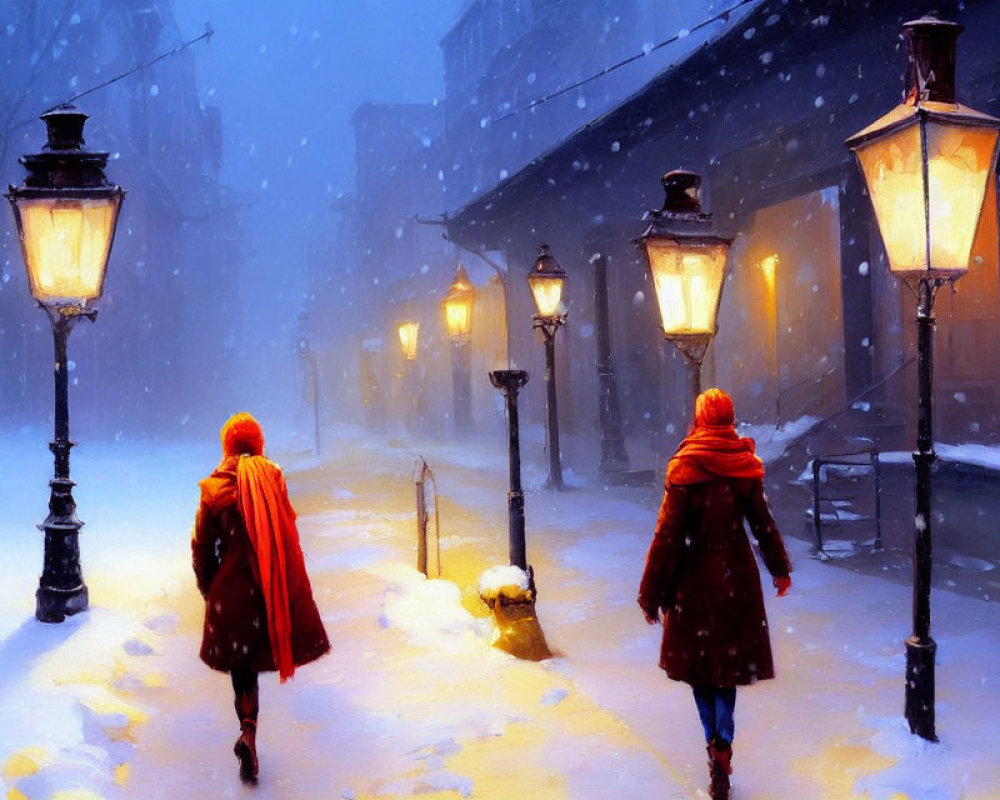 Two people in red cloaks walking on snow-covered street with glowing lamps