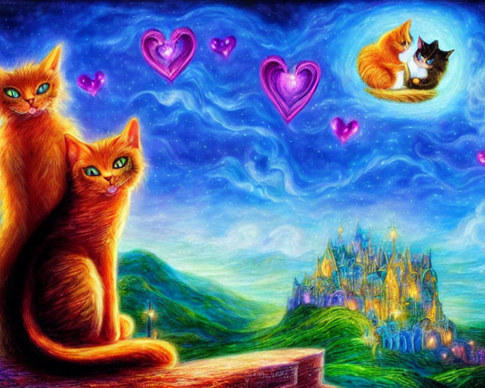 Fantasy illustration of two orange cats, castle, hearts, night sky