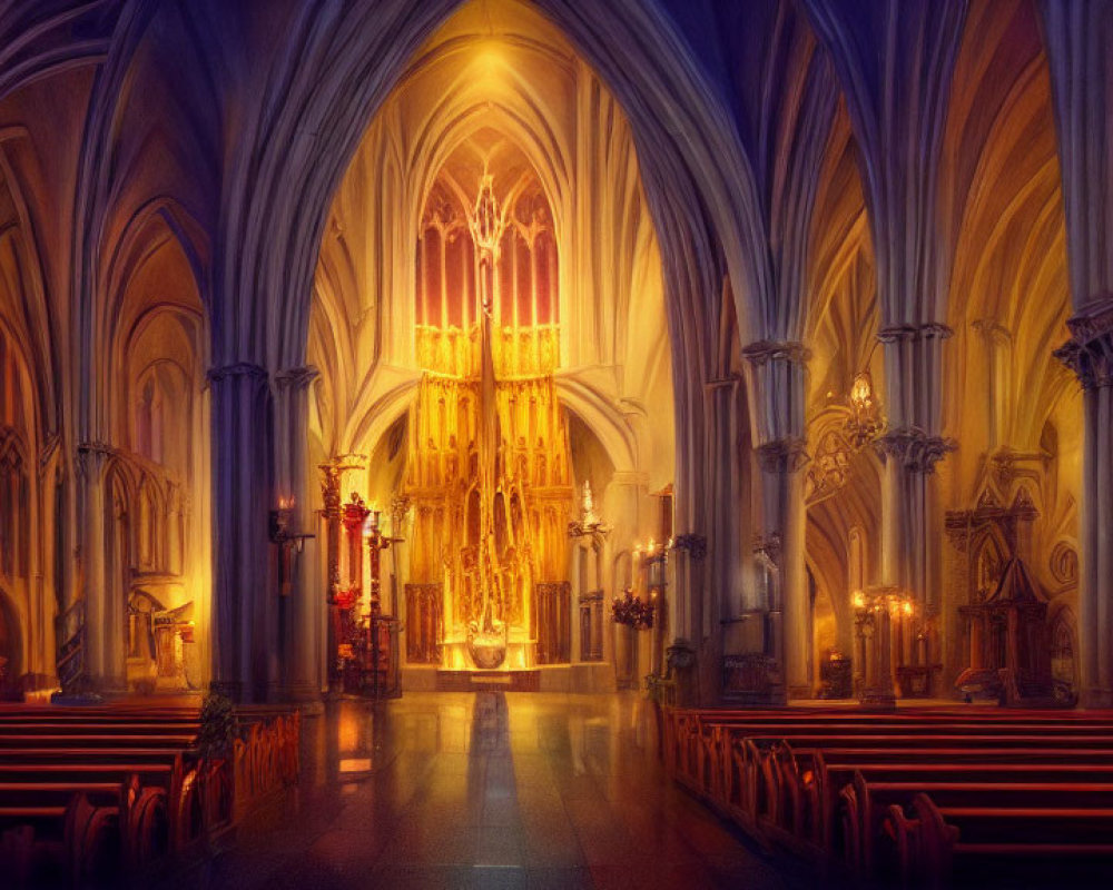 Gothic Cathedral Interior with Arches and Stained Glass