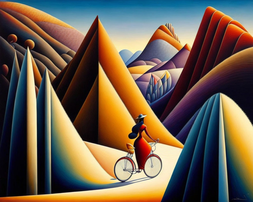 Geometric hills and stylized figure on a bicycle in surreal landscape