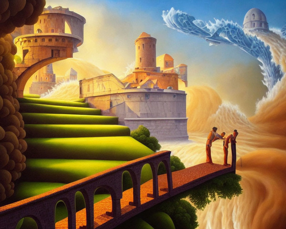 Surreal landscape with bridge, green hills, and fantastical castles