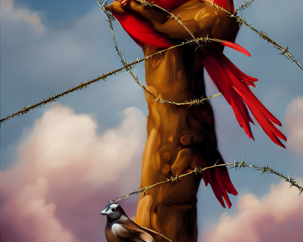 Red bird and smaller bird on barbed wire post under cloudy sky