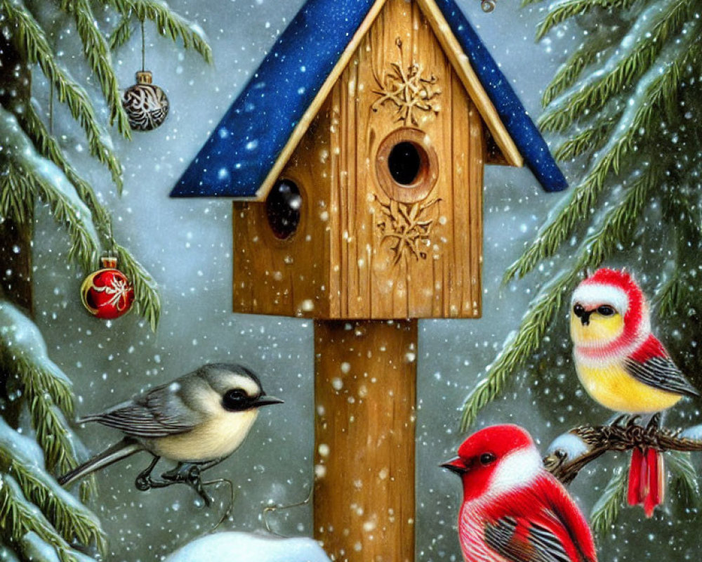 Winter birdhouse scene with vibrant birds in snowfall