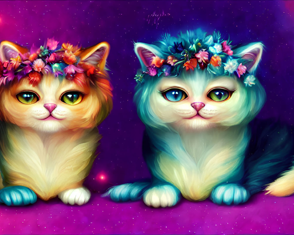 Colorful Cats with Flower Crowns on Starry Background