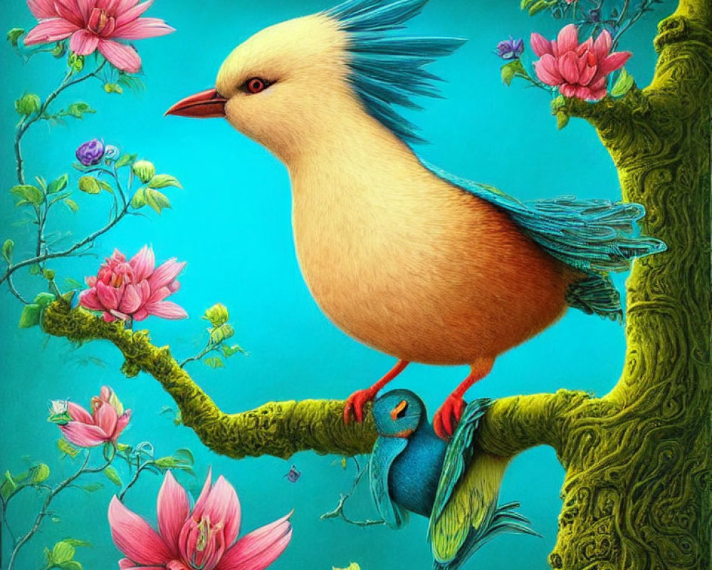 Colorful Illustration of Fluffy Yellow Bird with Blue Bird and Pink Blossoms