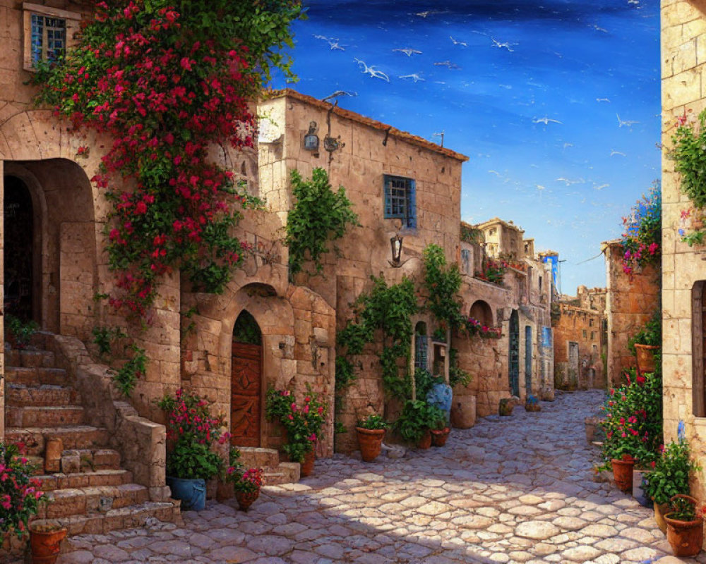 Stone-paved alley with old buildings and colorful flowers under blue sky