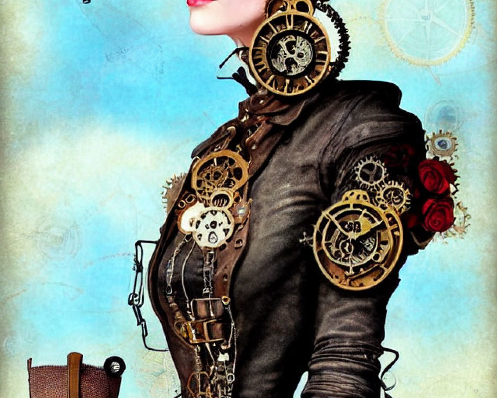 Steampunk female character with gear-adorned hat and cogwheel jacket in gear-filled setting