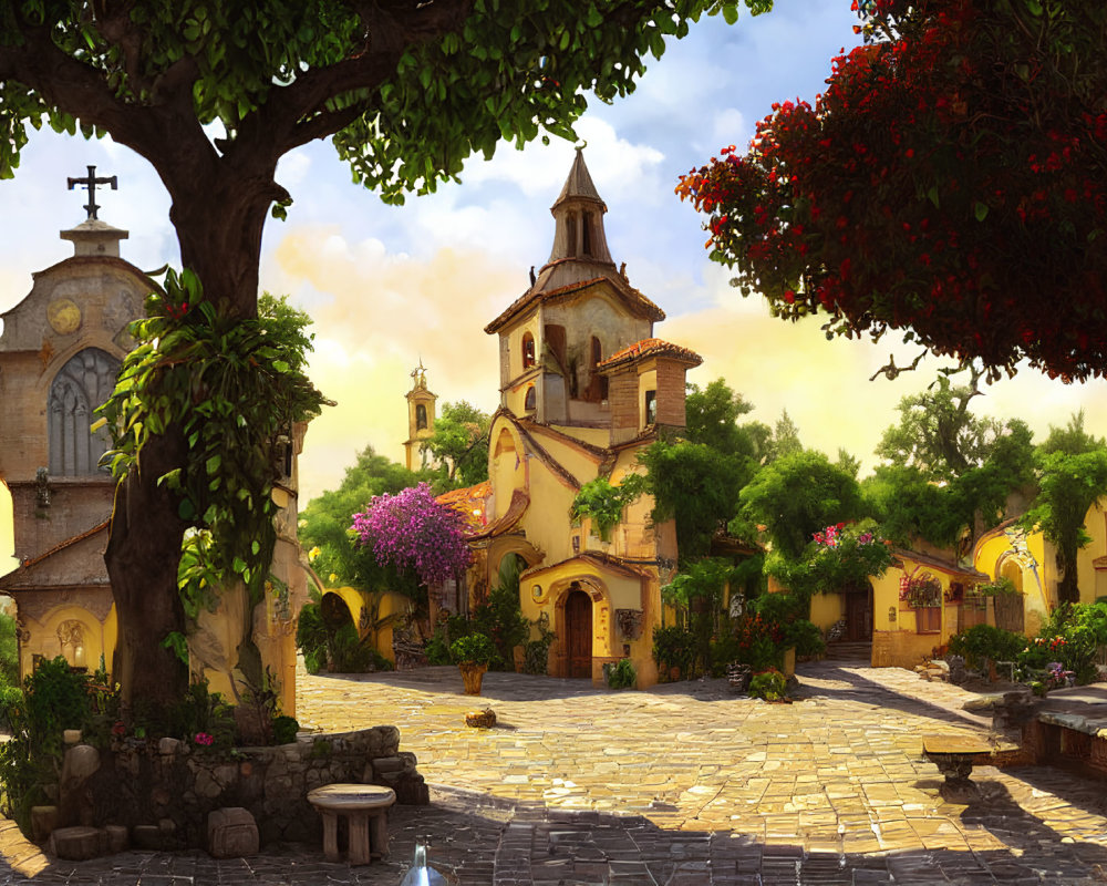 Traditional village square with cobblestone paths, fountain, church, and sunset ambiance.