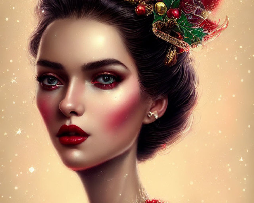 Festive digital artwork of woman with holiday decorations, red outfit, and starry backdrop