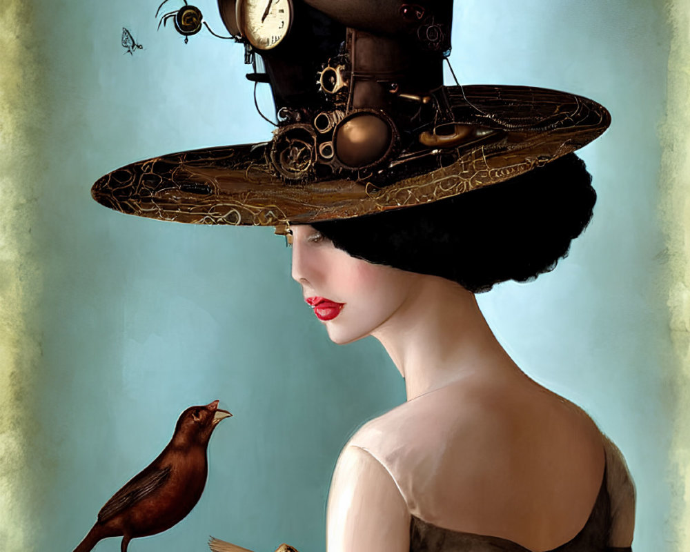 Woman in Gray Dress with Steampunk Hat and Mechanical Elements Engaging Birds and Butterflies