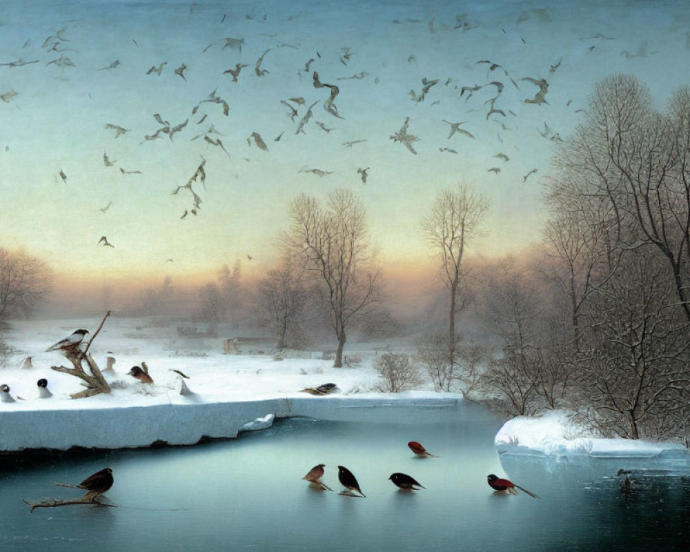 Winter landscape: birds flying over frozen river at dusk