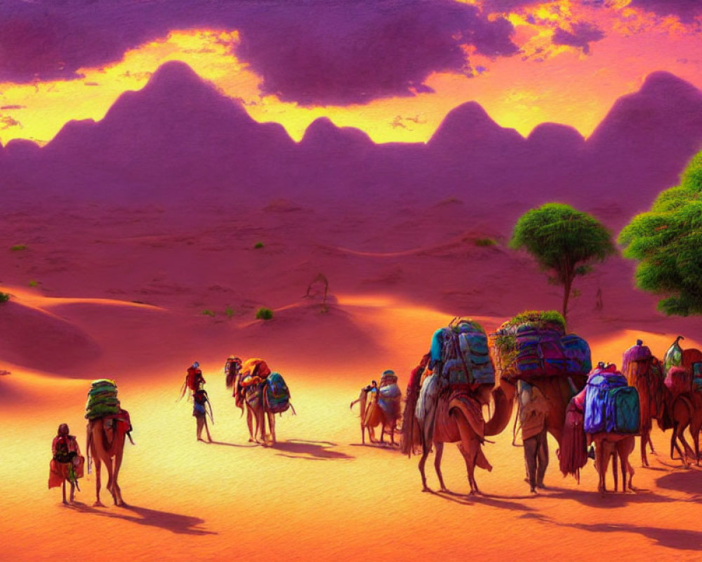 Caravan of camels and riders in purple desert sunset landscape