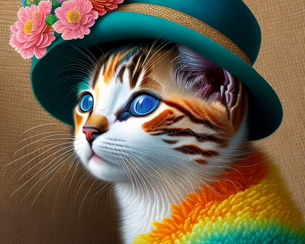 Colorful Cat Illustration with Blue Eyes and Flower Hat