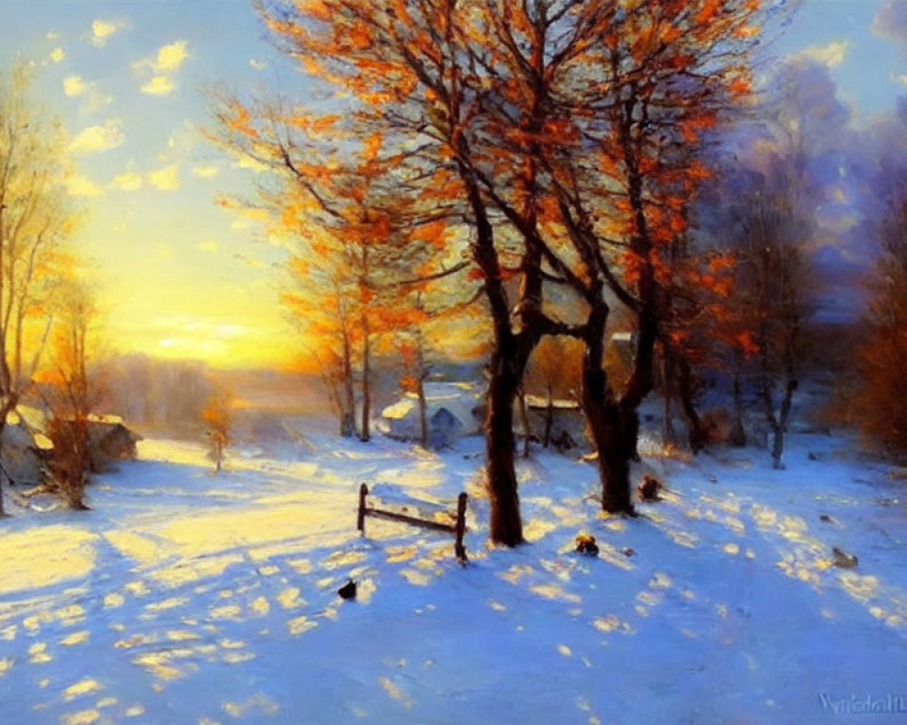 Snowy Landscape at Sunset with Bare Trees and Sunlight Reflections