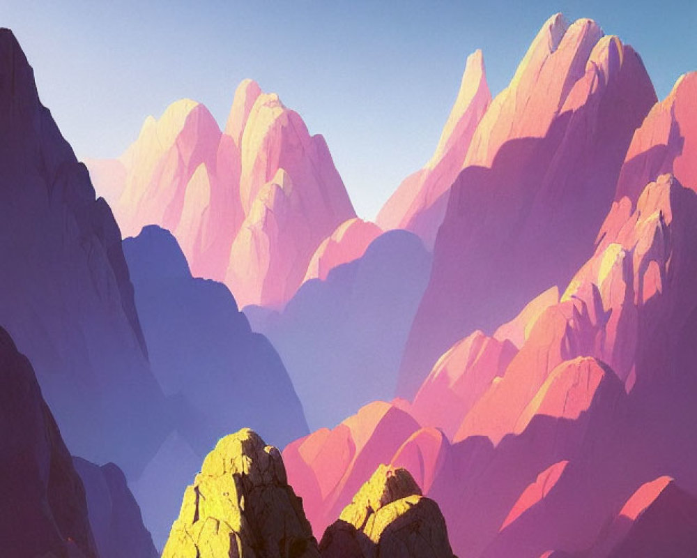 Colorful mountain range illustration with pink and purple tones and clear sky