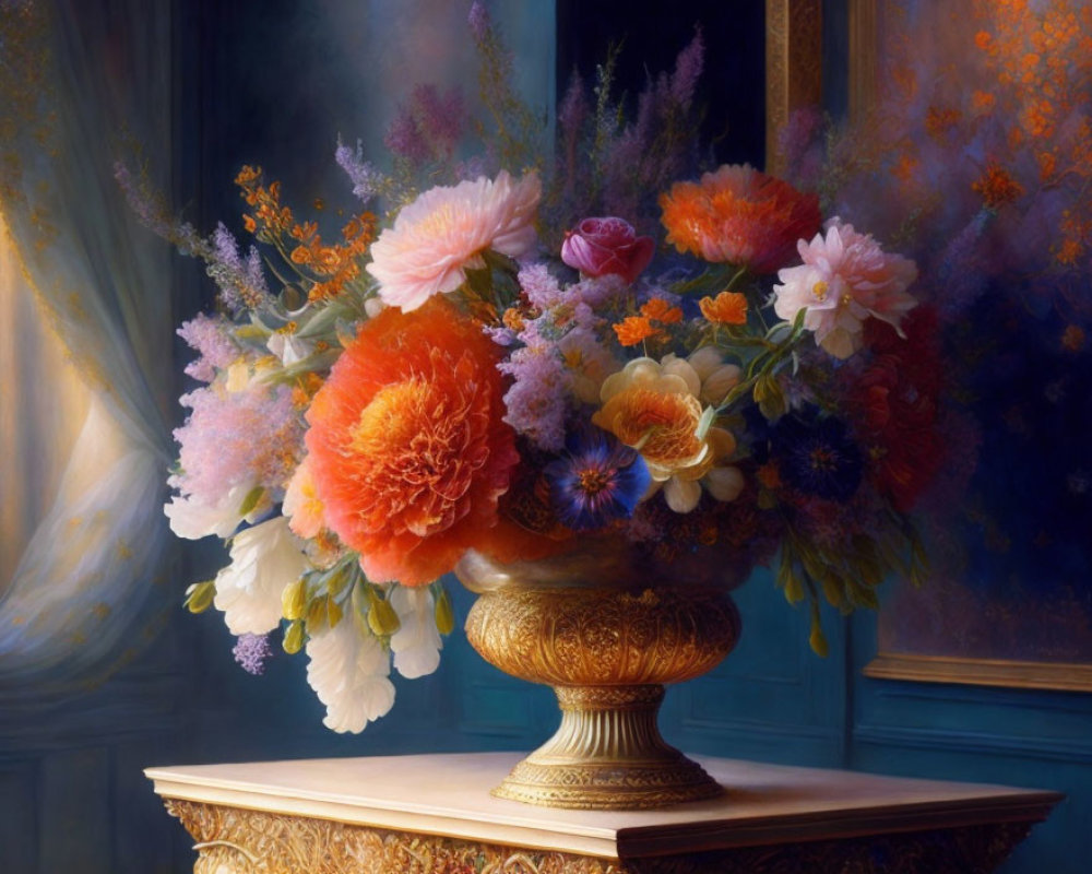 Colorful Flower Bouquet in Golden Vase on Soft Backdrop