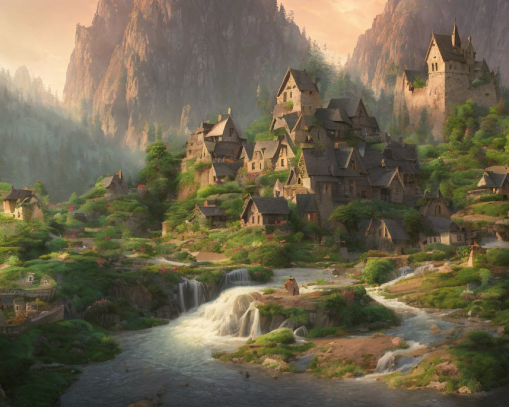 Picturesque village with stone houses, castles, waterfalls, rivers, and lush forests in golden