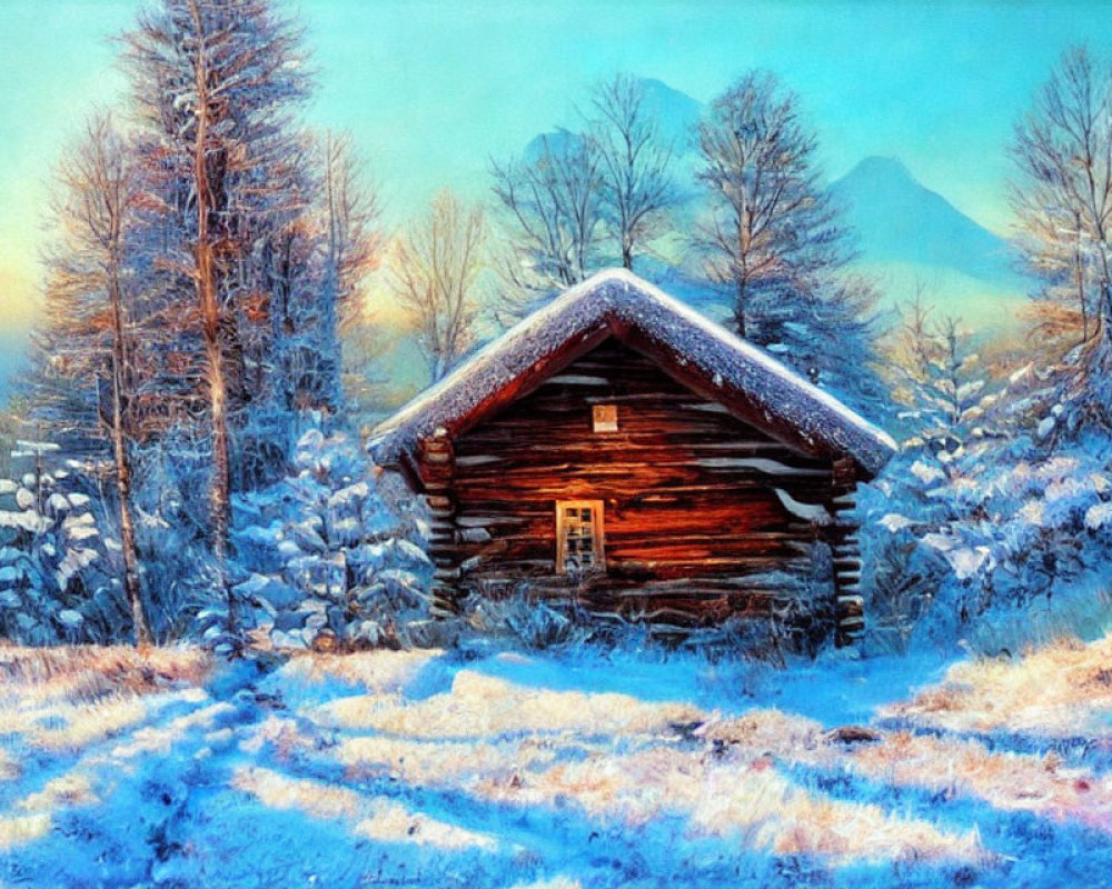 Snow-covered trees around cozy wooden cabin in soft twilight sky