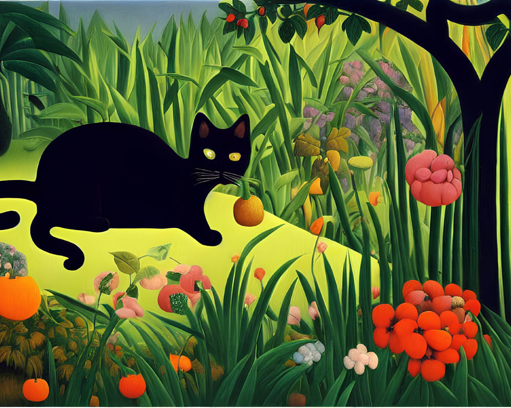 Stylized painting featuring black cat in lush, colorful vegetation