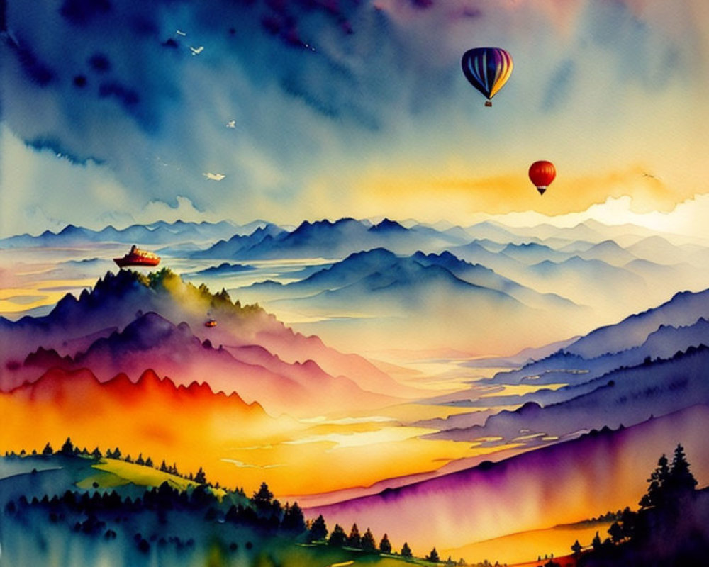 Vibrant Watercolor Landscape: Sunrise, Mountains & Hot Air Balloons