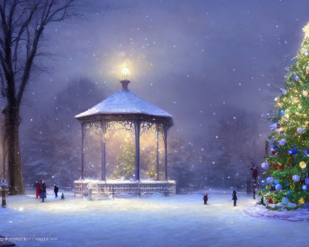 Snowy evening scene with people near a Christmas tree and lit gazebo