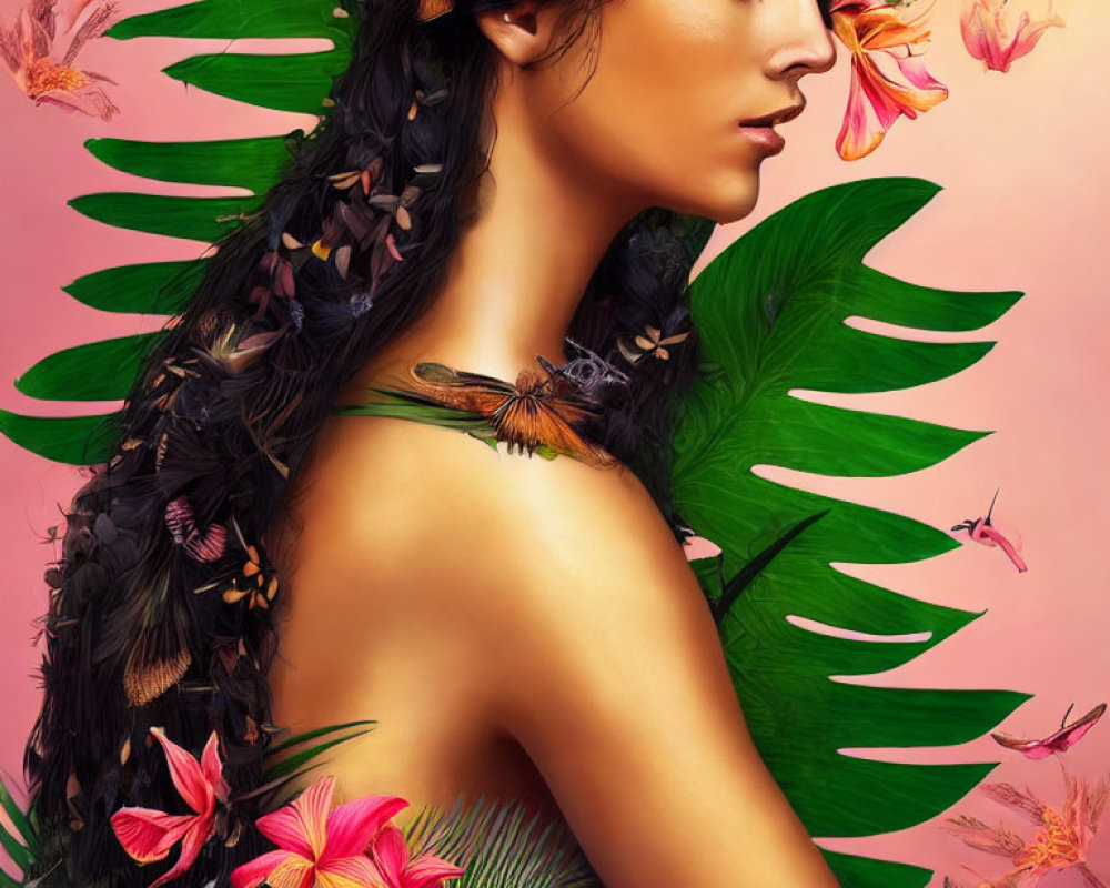 Woman with closed eyes, tropical flowers, leaves, and butterflies on colorful background