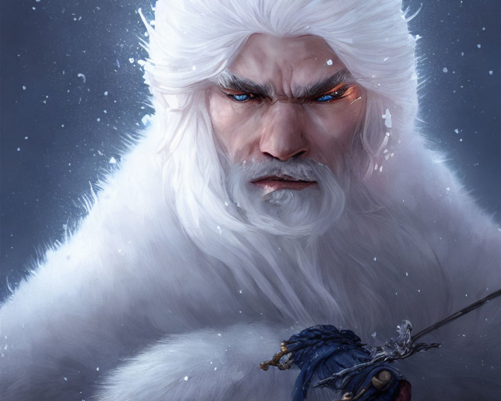 Digital painting of fierce character with white hair, beard, fur clothing, staff, snowflakes,