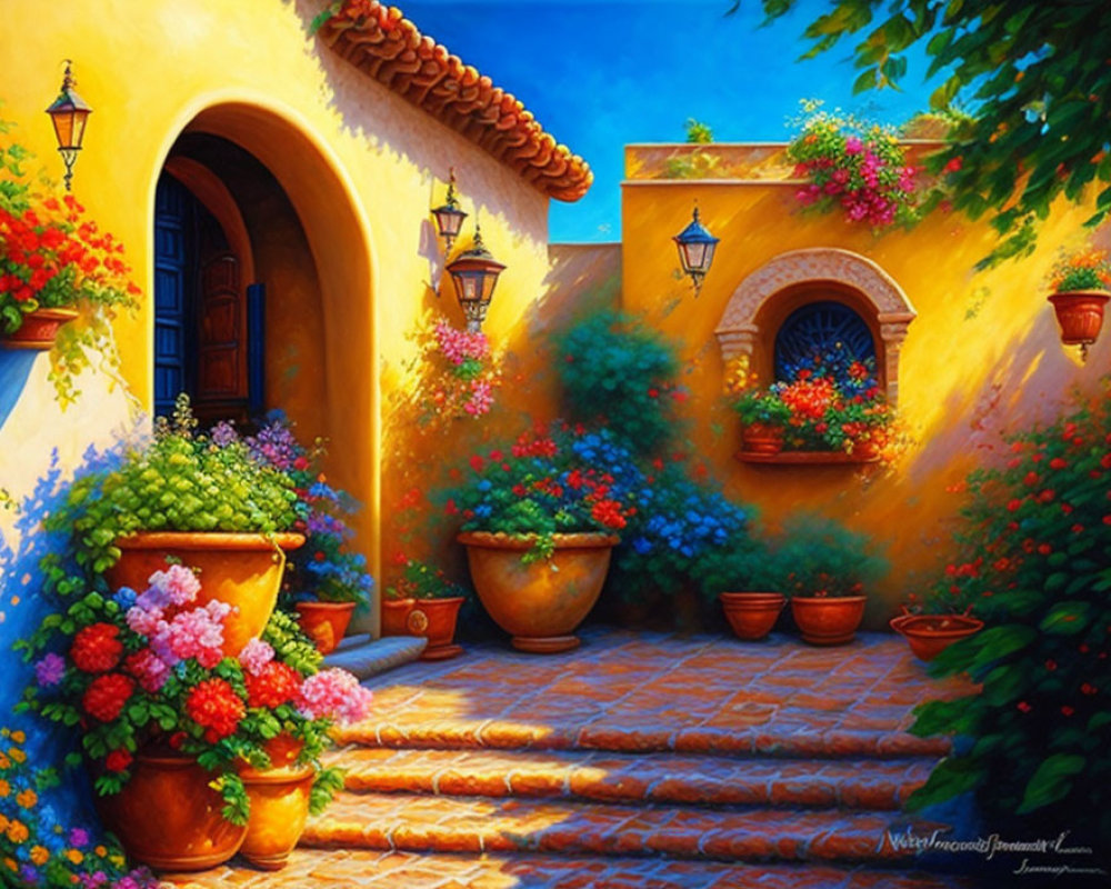 Vibrant Mediterranean-style courtyard painting with flowers and cobblestone stairs