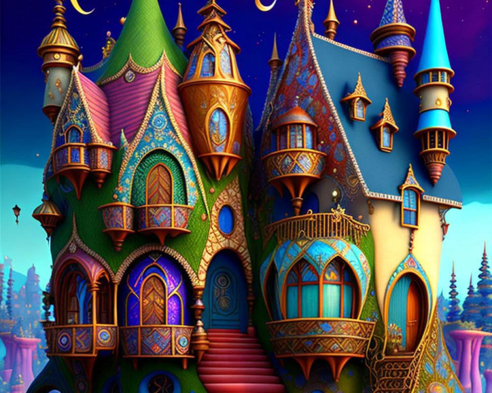 Colorful Fantastical Castle with Whimsical Architecture at Night