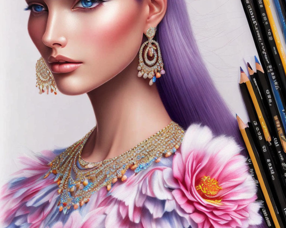 Detailed illustration of woman with violet hair, dramatic makeup, gold jewelry, near artist pencils