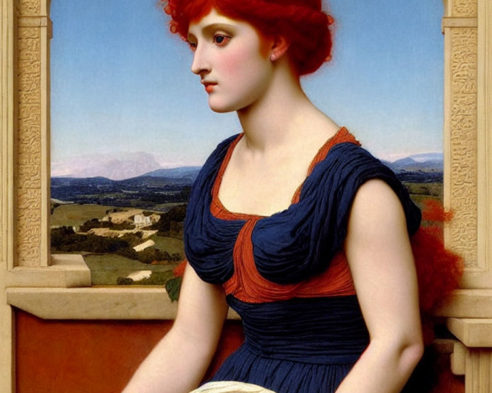 Portrait of Woman with Red Hair in Blue and Orange Dress Against Serene Landscape