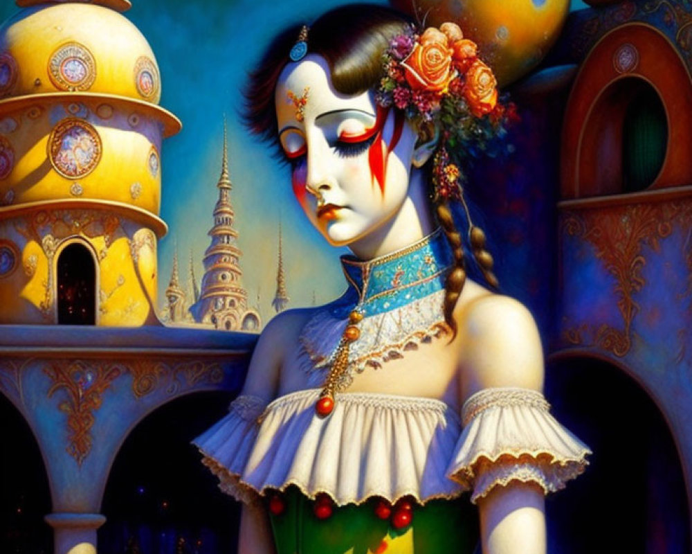 Stylized woman with decorative makeup next to colorful buildings at twilight