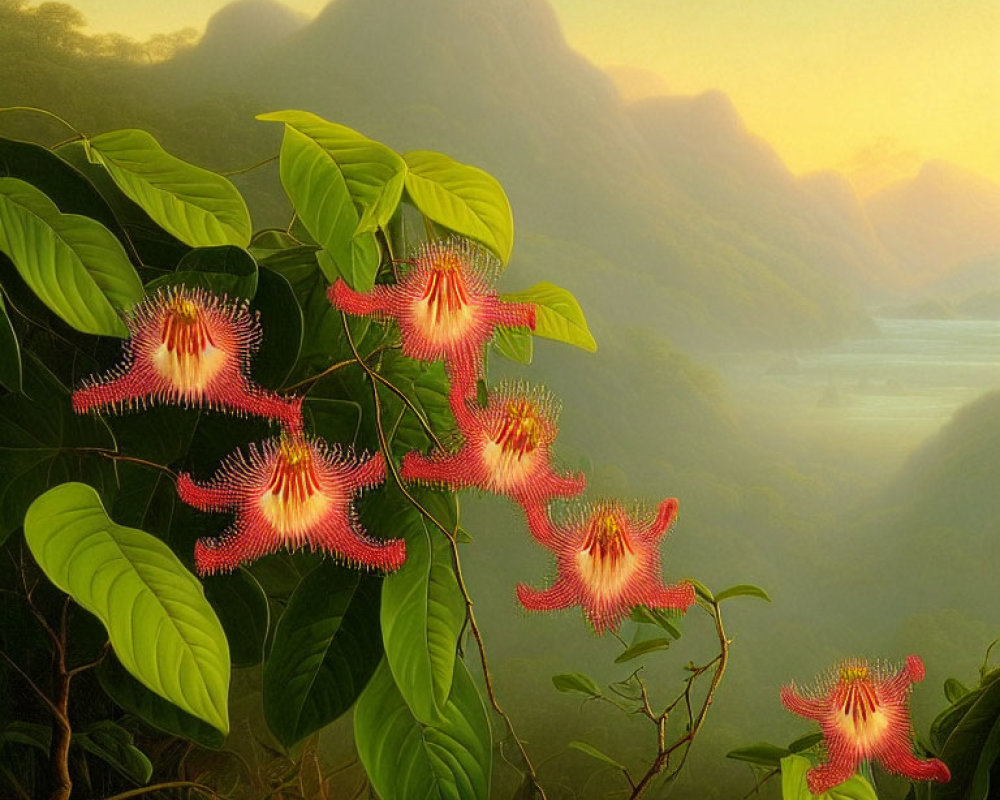 Pink Star-Like Flowers Against Misty Hills at Sunrise