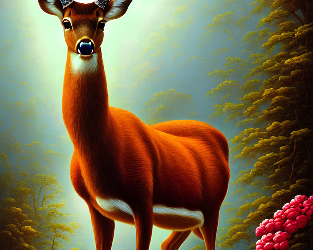 Majestic deer with towering antlers in mystical forest setting