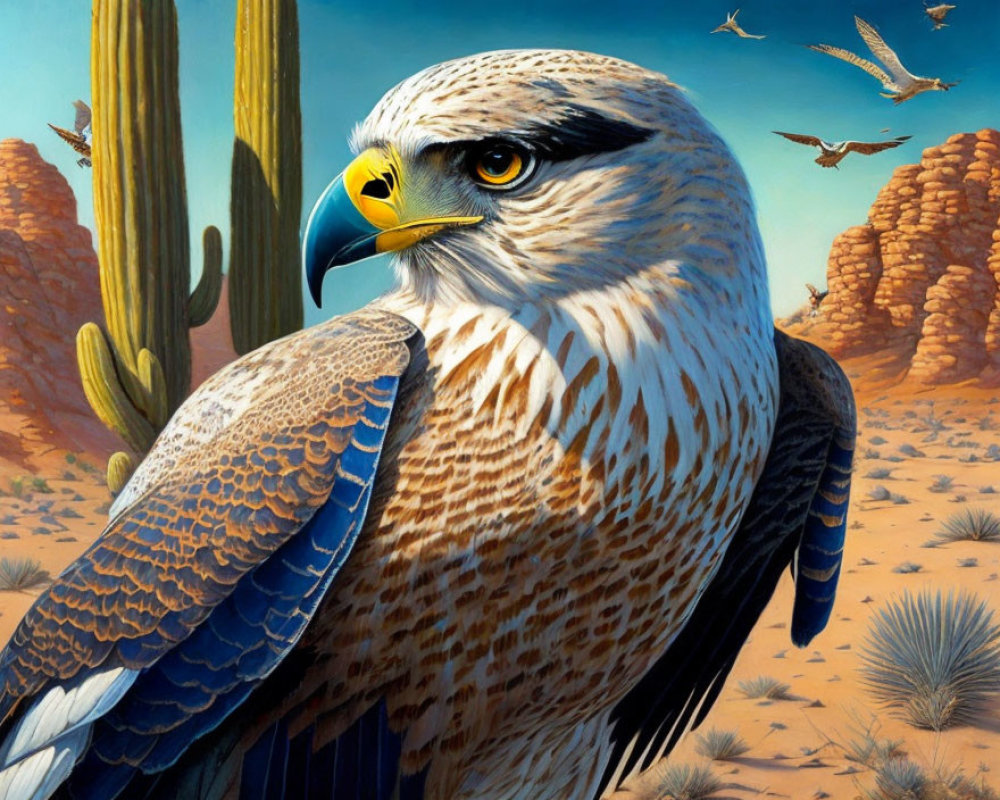 Detailed illustration of eagle in desert with cacti and birds under blue sky