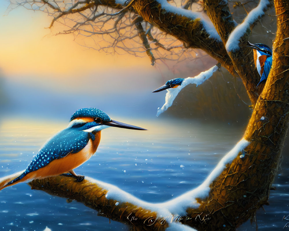 Kingfishers on snowy branches in serene winter landscape at sunset