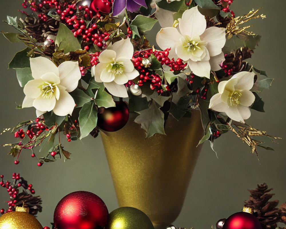 White Flowers and Red Berries Holiday Arrangement in Gold Vase