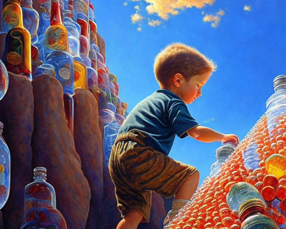 Boy climbing colorful glass bottle mountain under blue sky