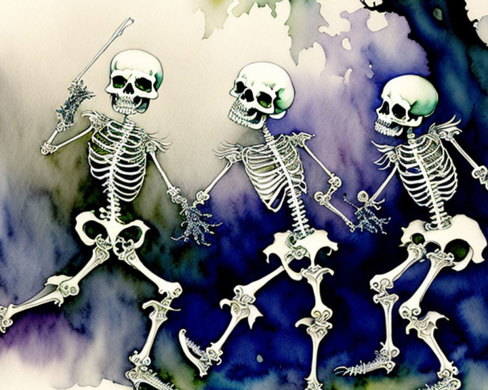 Colorful Watercolor Background with Five Dancing Skeletons