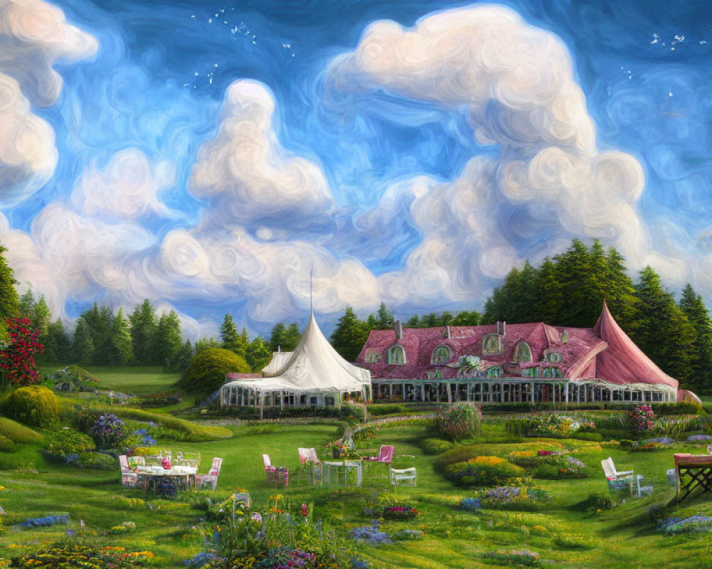 Vibrant landscape with whimsical house and tent in lush garden scenery