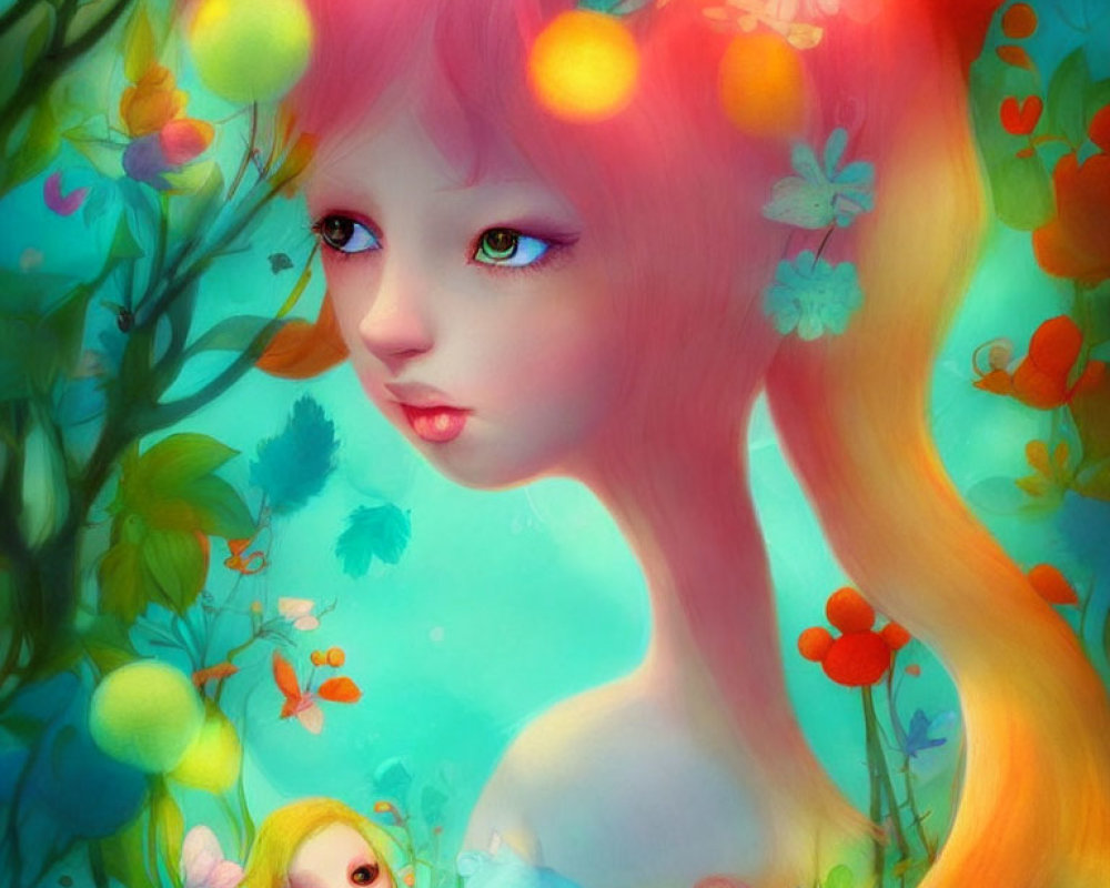 Ethereal artwork of girl with pink hair in vibrant nature scene