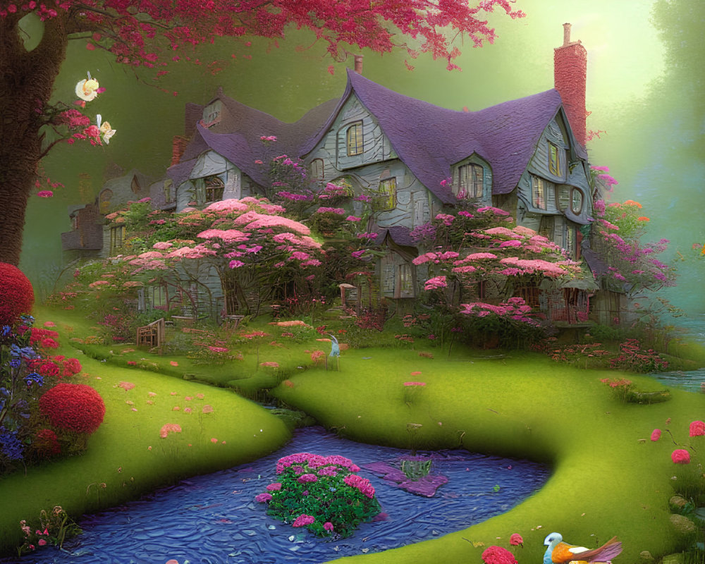 Charming cottage in lush greenery with pink trees and stream