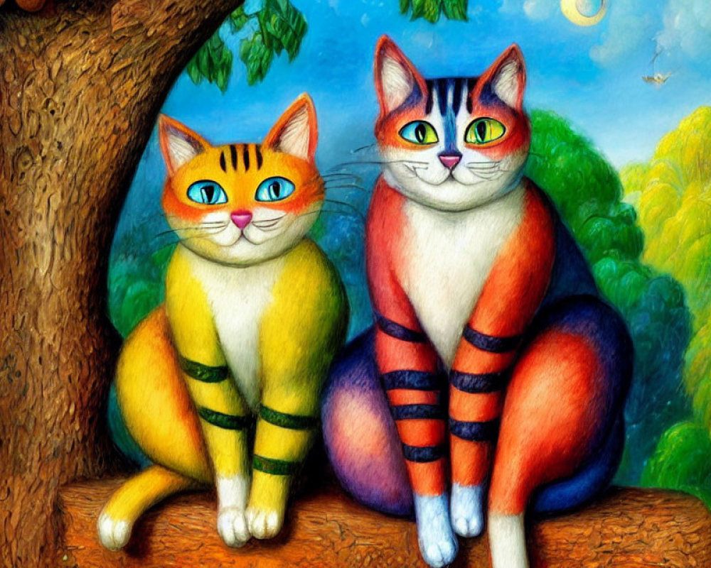 Colorful Anthropomorphic Cats on Tree Branch in Whimsical Forest