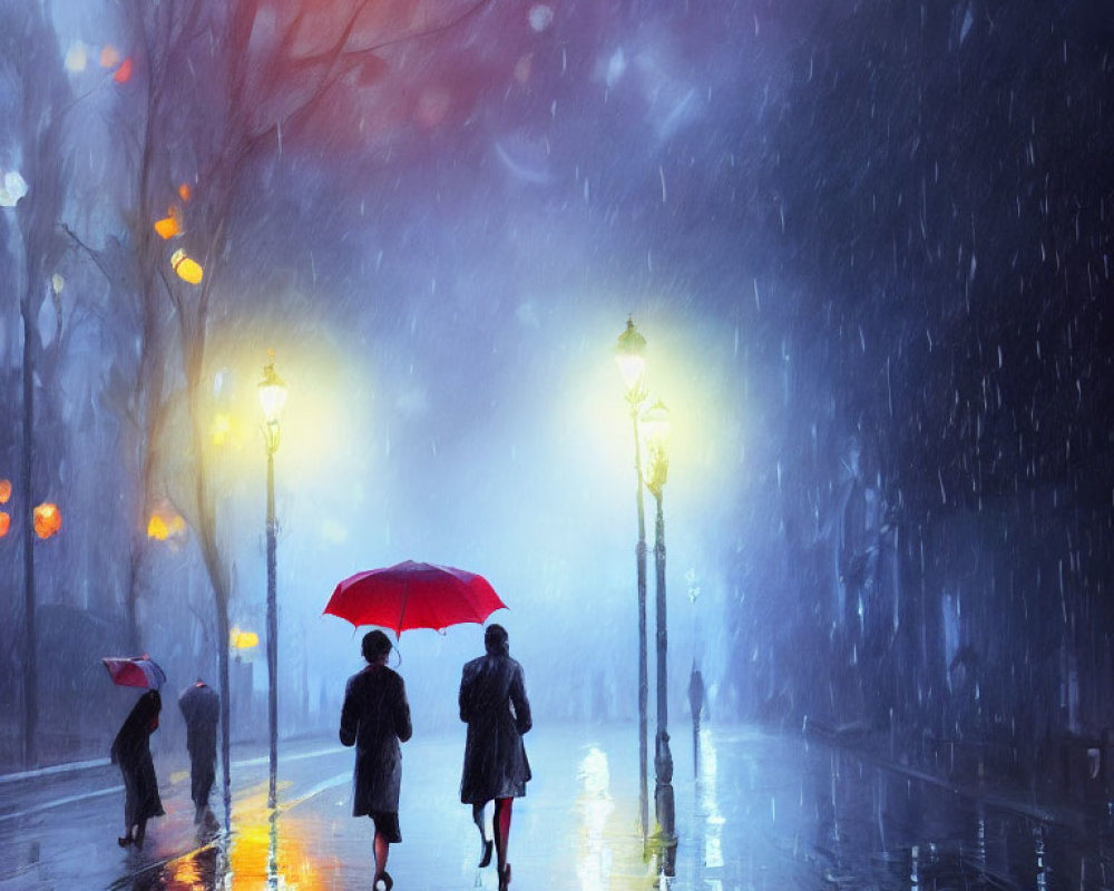 Colorful scene: People with umbrellas on rain-soaked street under glowing street lamps