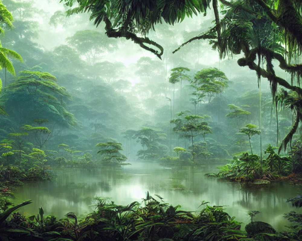 Tranquil rainforest scene with lush green trees and calm river