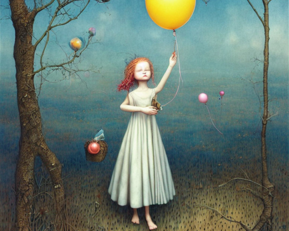 Young girl in green dress with yellow balloon in surreal landscape