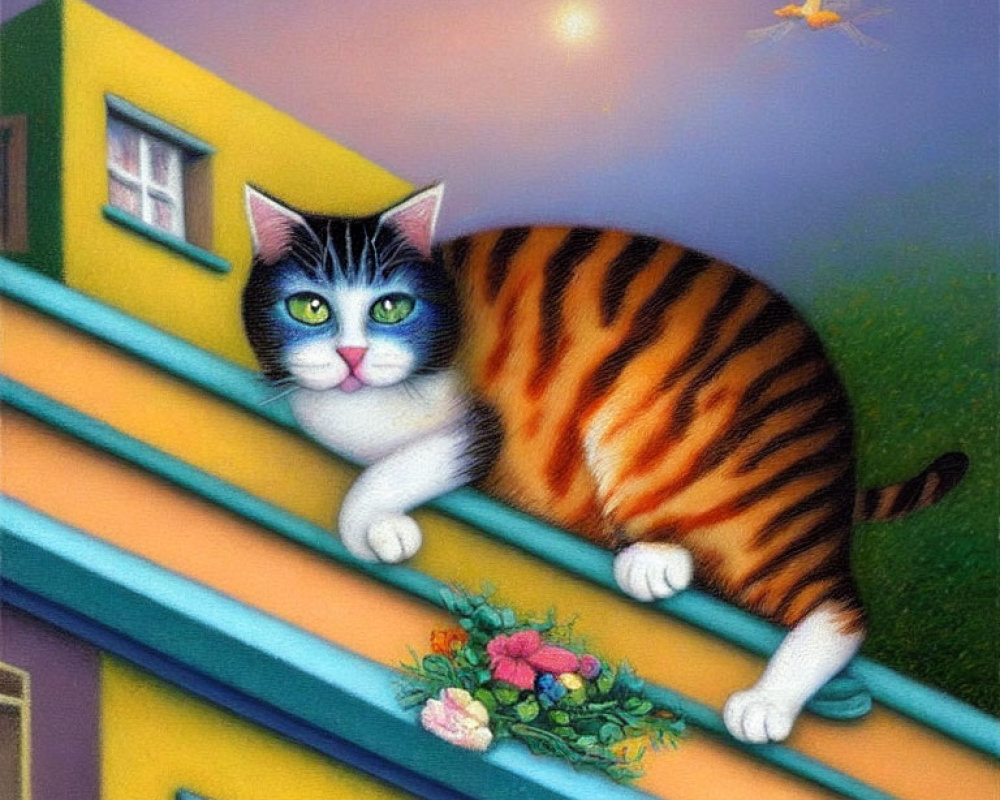 Whimsical cat illustration on colorful house roof at twilight