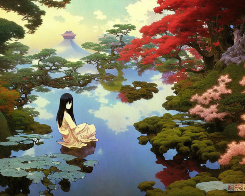 Long-haired animated character in traditional dress by serene pond in mystical forest.