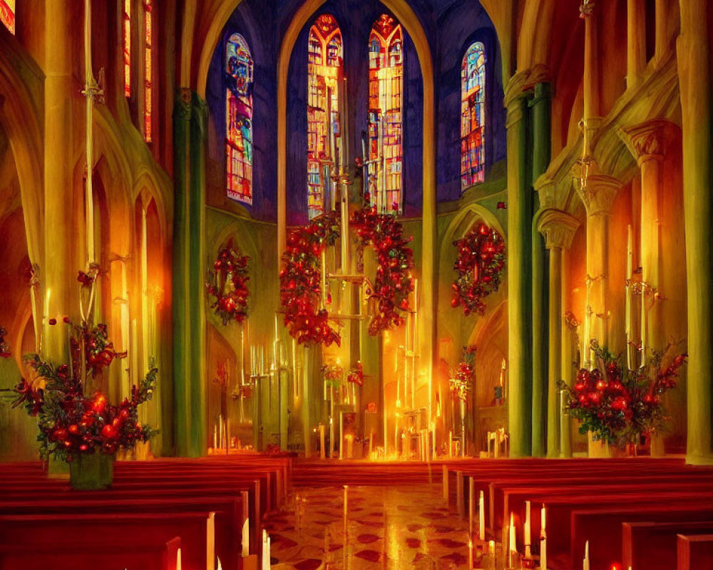 Cozy church interior with stained glass windows, Christmas wreaths, and glowing candles