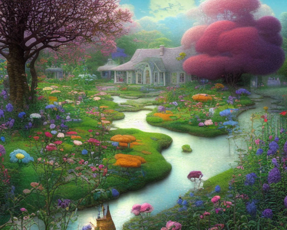 Charming cottage in lush garden with stream & colorful flowers